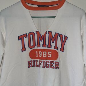 Tommy Hilfiger Y2K Retro Orange & White Snap Sweatshirt Women’s XS